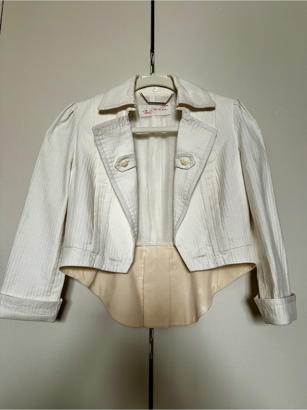 MICHAA Cropped Military Tuxedo White Textured Lurex Sparkle Blazer Jacket XS